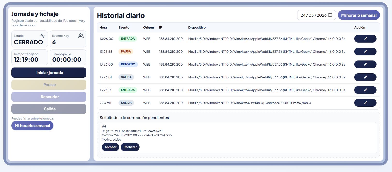Pantallazo de jornada y fichaje